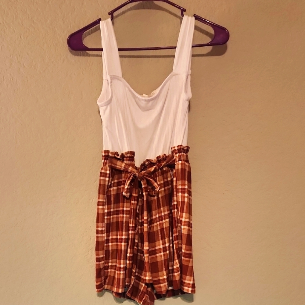 White and Brown Plaid Romper